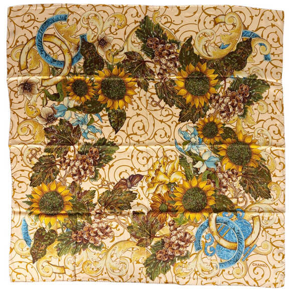 CHANEL Accessories - Chanel scarf/muffler with Coco Mark and sunflower design, silk, beige, multic...